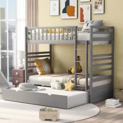 Twin Over Twin Wood Bunk Bed With Safety Rail And Movable Trundle-ModernLuxe -Children's Home GUEST 17252027 449e 41d5 91a8 526020cb79f7