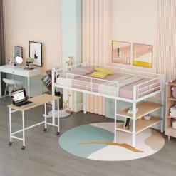 Twin Size Metal Loft Bed With Desk And Shelves - ModernLuxe