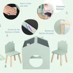 Costway 3 Piece Kids Wooden Table And Chair Set With Blackboard For Drawing Reading Green/Gray/White -Children's Home GUEST 1b701611 f2ae 46ea 9f2a 1cf29db19561