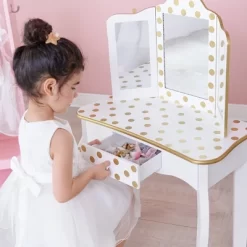 Fashion Polka Dot Gisele Play Vanity Set With Led Mirror White/Gold - Teamson Kids -Children's Home GUEST 1d8d35a1 1982 42c4 a223 b6ce266208ff