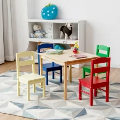 Costway Kids 5 Piece Table Chair Set Pine Wood Multicolor Children Play Room Furniture -Children's Home GUEST 23d1501d 6da0 4d8f 96cc f8a67abf3e61