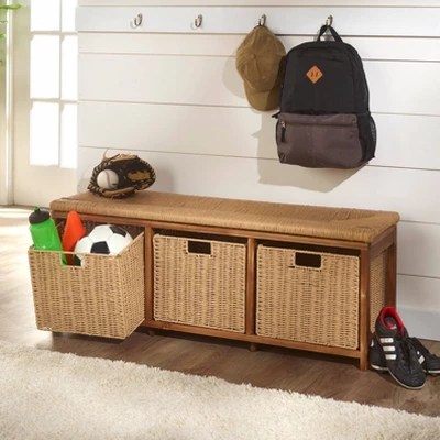 Badger Basket Kid's Storage Bench With Woven Top And Baskets Brown 3 Badger Basket Kid's Storage Bench With Woven Top And Baskets Brown