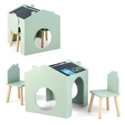 Costway 3 Piece Kids Wooden Table And Chair Set With Blackboard For Drawing Reading Green/Gray/White -Children's Home GUEST 4c4ff4df fc94 4cbc a640 c14f177c12d9