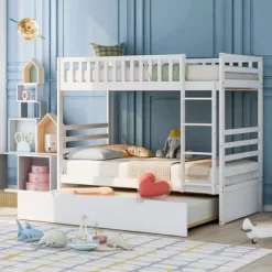 Twin Over Twin Wood Bunk Bed With Safety Rail And Movable Trundle-ModernLuxe -Children's Home GUEST 60d7afc1 8cfd 480e 81a7 b40ffc211484