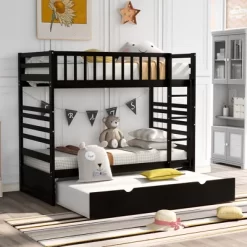 Twin Over Twin Wood Bunk Bed With Safety Rail And Movable Trundle-ModernLuxe -Children's Home GUEST 678093b7 f744 428b a74b 453ca4dbdbd1