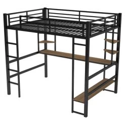 Full Size Metal Loft Bed With Long Desk And Shelves, Black - ModernLuxe -Children's Home GUEST 71749765 f51a 428f b414 8f72d4dac0ee