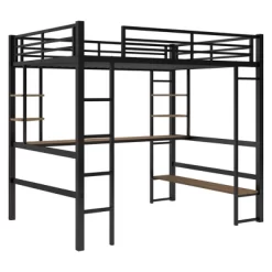 Full Size Metal Loft Bed With Long Desk And Shelves, Black - ModernLuxe -Children's Home GUEST 7653202b fa34 41ef 9b31 99388055da6d