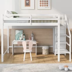 Full Size Loft Bed With Built-in Storage Wardrobe And Stairs-ModernLuxe