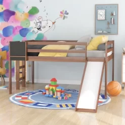 Full Size Wooden Loft Bed With Slide, Stair And Chalkboard - ModernLuxe