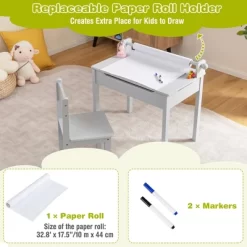Costway Toddler Craft Table & Chair Set Kids Art Crafts Table WithPaper Roll Holder Grey/White -Children's Home GUEST 926bae6a 4c2a 47d1 89ea 098381f875d2