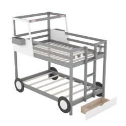 Twin Over Twin Car-Shaped Bunk Bed With Wheels, Drawers And Shelves, Gray - ModernLuxe -Children's Home GUEST a071a723 1def 48a4 985a 5a1c86e7c14c