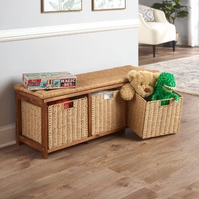 Badger Basket Kid's Storage Bench With Woven Top And Baskets Brown 4 Badger Basket Kid's Storage Bench With Woven Top And Baskets Brown - Image 2
