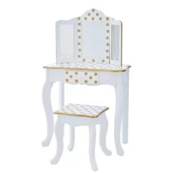 Fashion Polka Dot Gisele Play Vanity Set With Led Mirror White/Gold - Teamson Kids