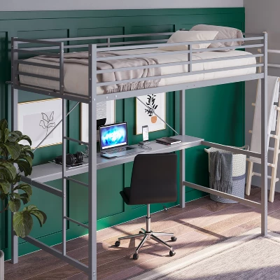 Emma And Oliver Metal Loft Bed Frame With Desk, Protective Guard Rails And Ladder For Kids, Teens And Adults 6 Emma And Oliver Metal Loft Bed Frame With Desk, Protective Guard Rails And Ladder For Kids, Teens And Adults - Image 4