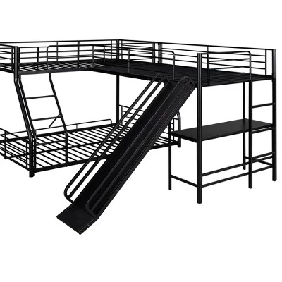 L-Shaped Twin Over Full Bunk Bed With Twin Size Loft Bed,Built-in Desk And Slide, Black - ModernLuxe 9 L-Shaped Twin Over Full Bunk Bed With Twin Size Loft Bed,Built-in Desk And Slide, Black - ModernLuxe - Image 7