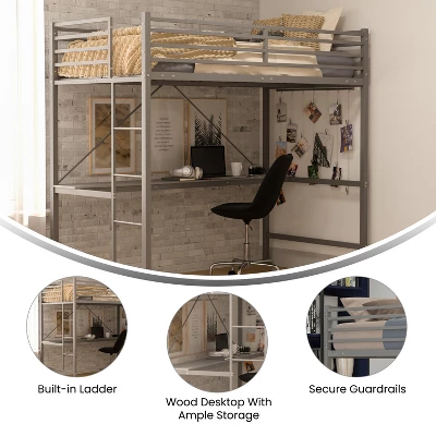 Emma And Oliver Metal Loft Bed Frame With Desk, Protective Guard Rails And Ladder For Kids, Teens And Adults 8 Emma And Oliver Metal Loft Bed Frame With Desk, Protective Guard Rails And Ladder For Kids, Teens And Adults - Image 6