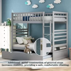 Twin Over Twin Wood Bunk Bed With Safety Rail And Movable Trundle-ModernLuxe -Children's Home GUEST dbb427aa 72a4 4454 9c94 64abed12af69