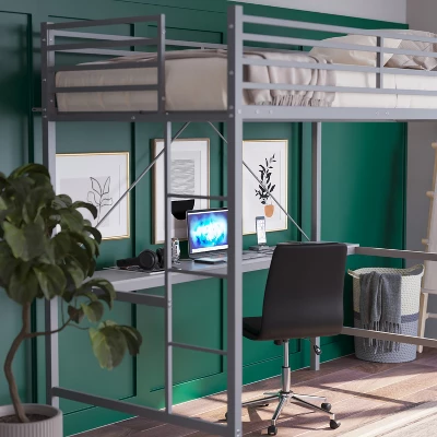 Emma And Oliver Metal Loft Bed Frame With Desk, Protective Guard Rails And Ladder For Kids, Teens And Adults 7 Emma And Oliver Metal Loft Bed Frame With Desk, Protective Guard Rails And Ladder For Kids, Teens And Adults - Image 5